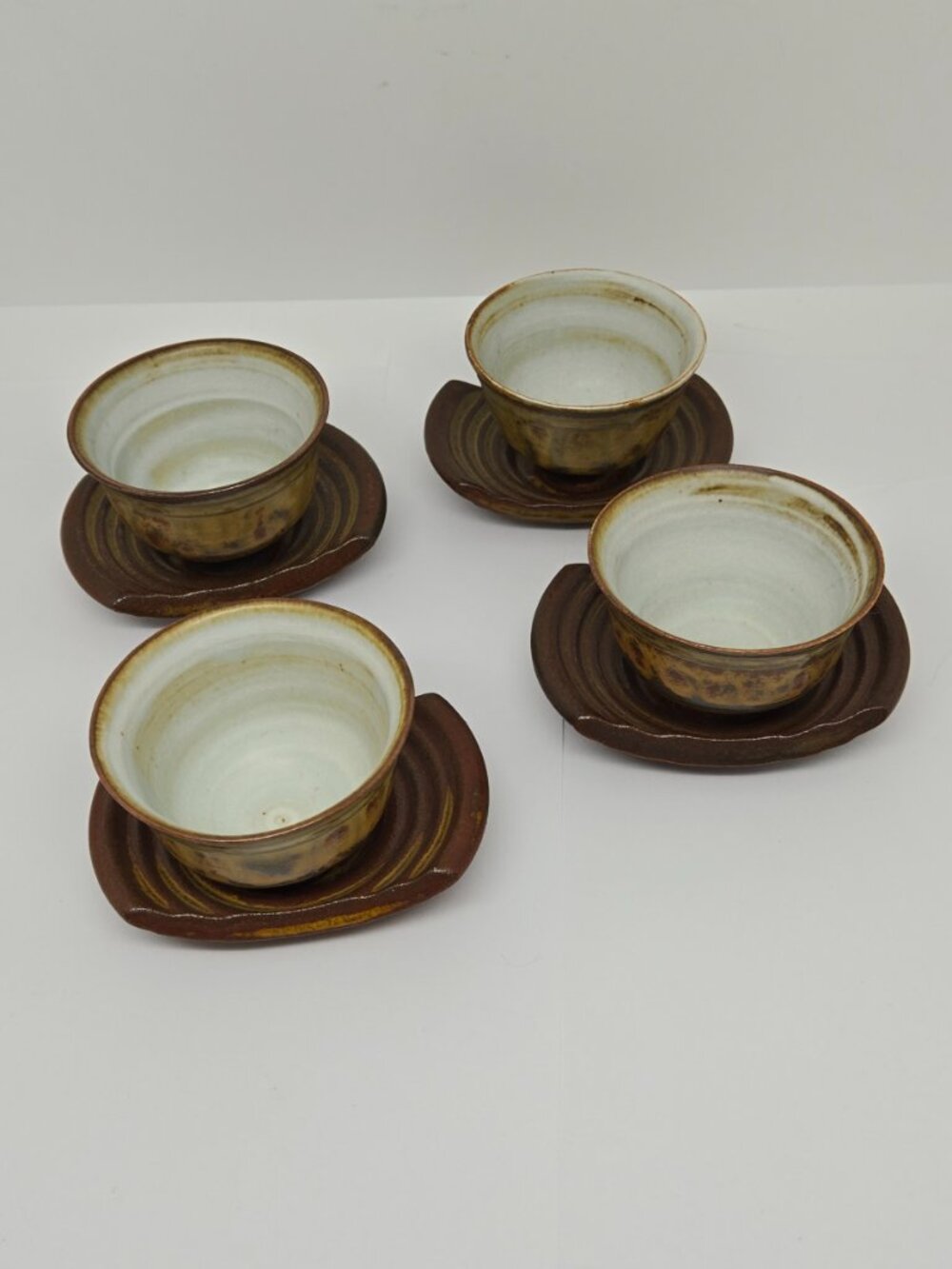 Redware Sake / Tea cups with Saucers, Brown, Yellow, Red - Picture 3 of 8